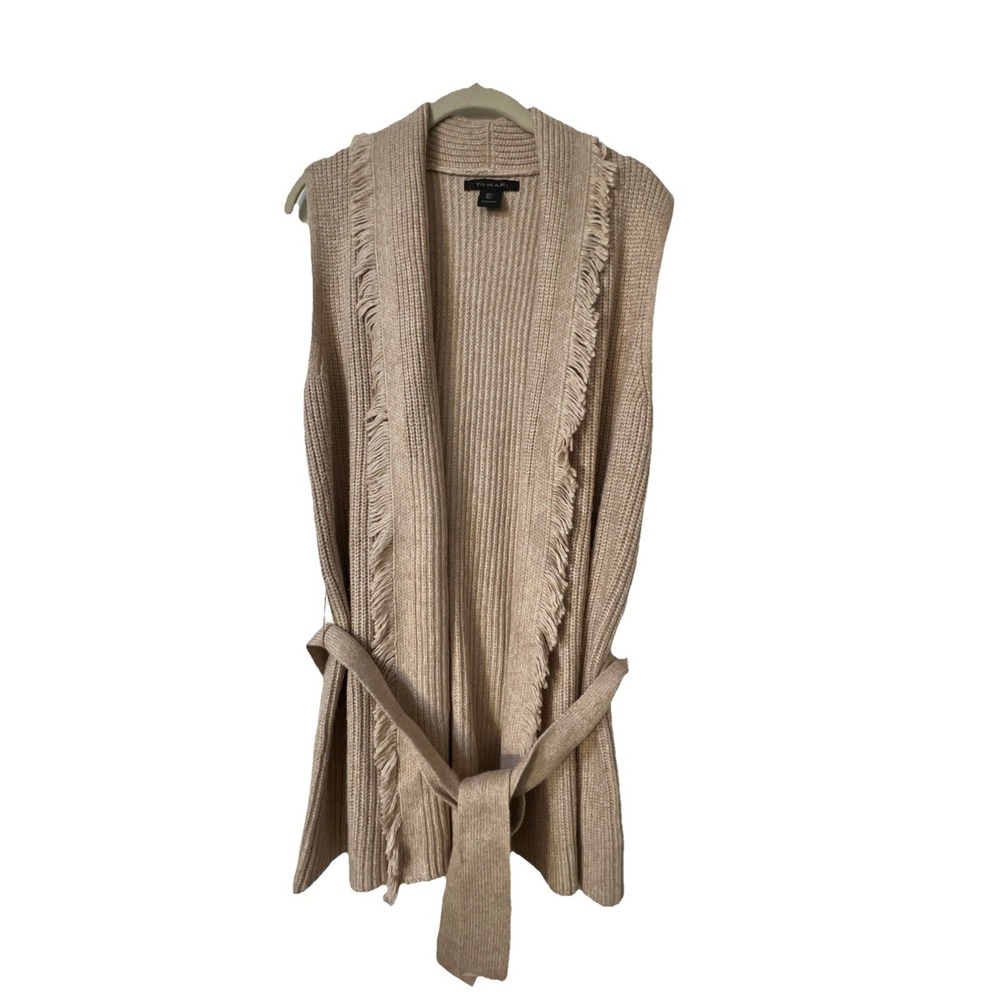 Tahari Fringe Trim‎ Sleeveless Belted Cardigan size Large Tan Beige